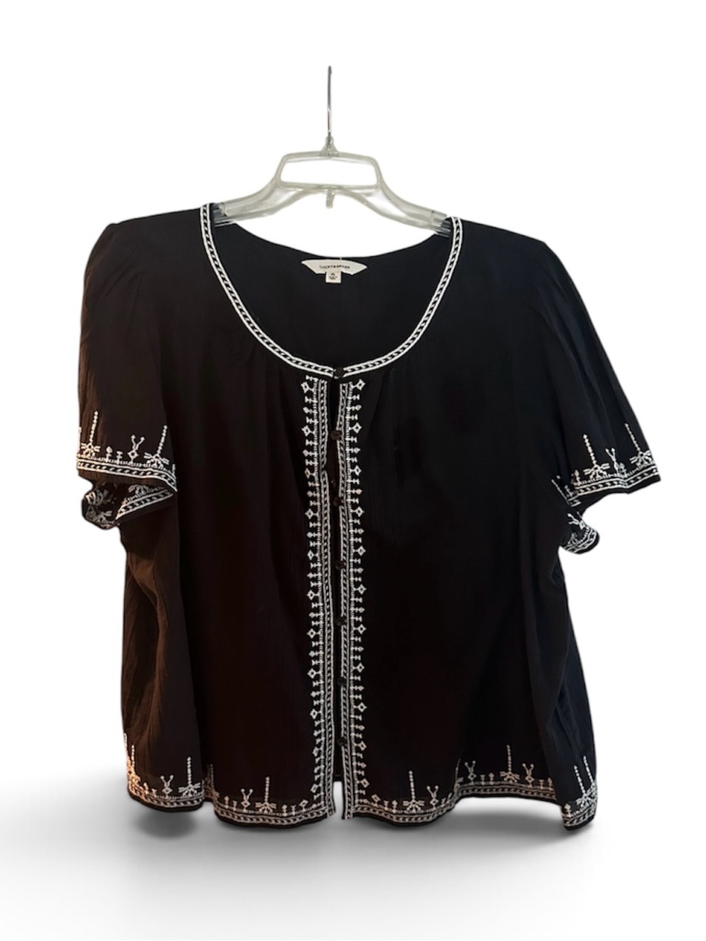 Lucky Black Embroidered Short-Sleeve Top - Classic Scoop Neck